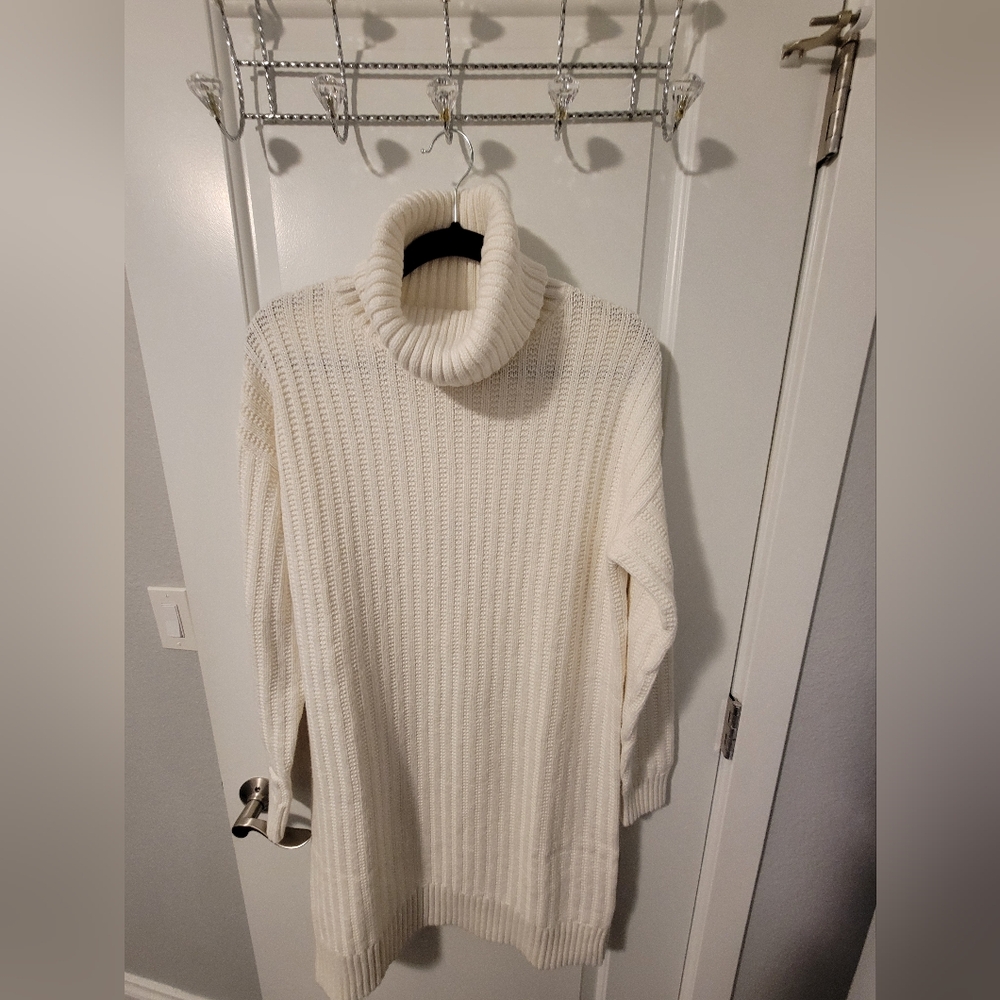 Banana Republic Women's Long Sleeve Turtleneck Cable Sweater Dress Ivory Large